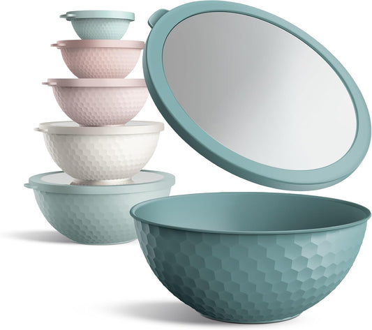 COOK WITH COLOR Mixing Bowls with Lids - 12 Piece Plastic Nesting Bowls Set includes 6 Prep Bowls and 6 Lids, Non Slip Bottom and Embossed Design - Microwave Safe (Teal)