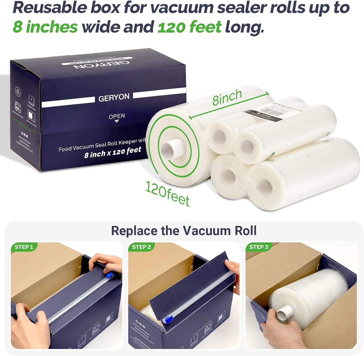 GERYON Vacuum Sealer Bags for Food, 8x120ft Rolls with Slide Cutter for All Vacuum Sealer Machine, BPA-Free, Safe for Food Storage, Meal Prep and Sous Vide