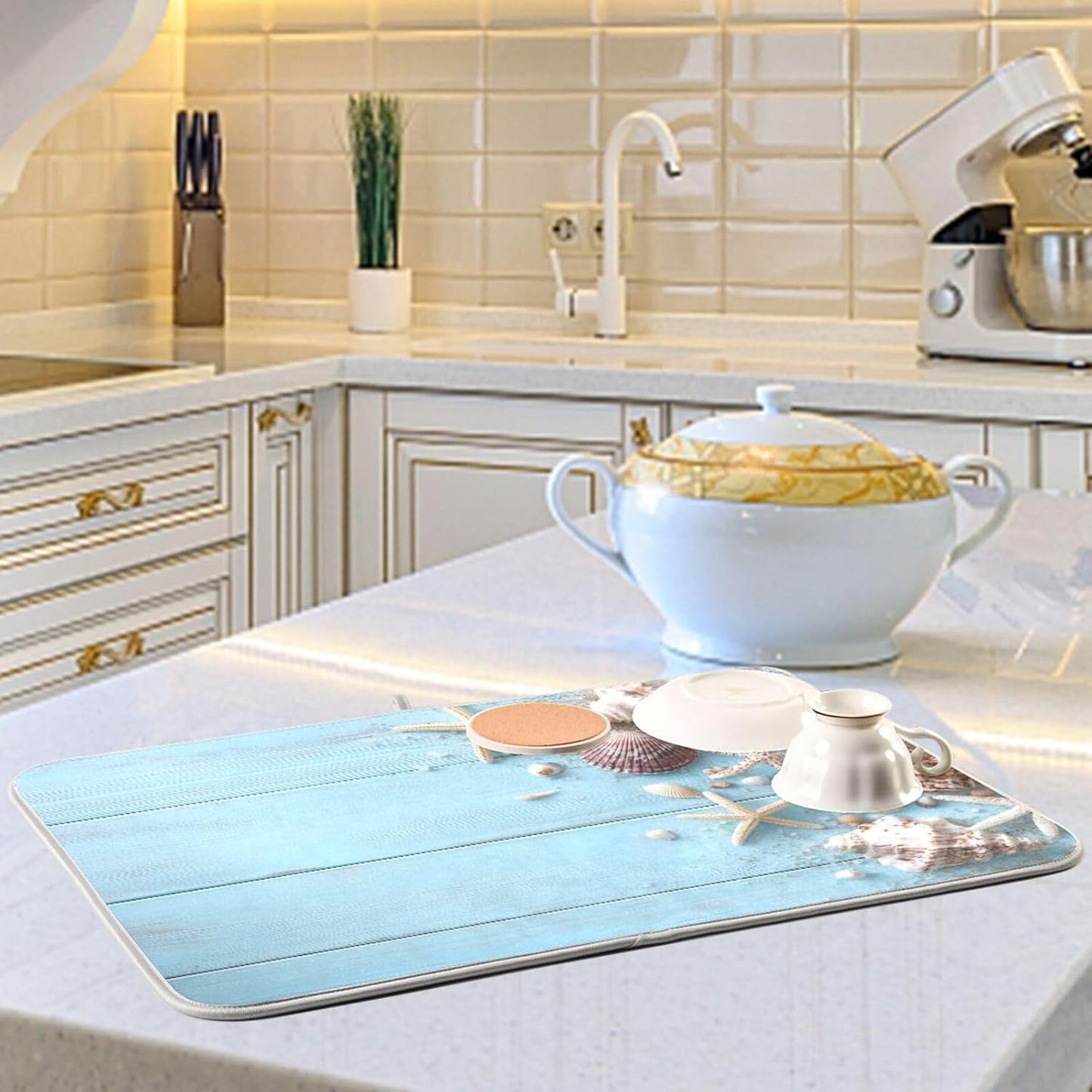 Blue Wooden Seashells and Starfish Dish Drying Mat for Kitchen Counter Super Absorbent Dishes Pad Reversible Microfiber Protector Dish Draining Mats 16x18 inch