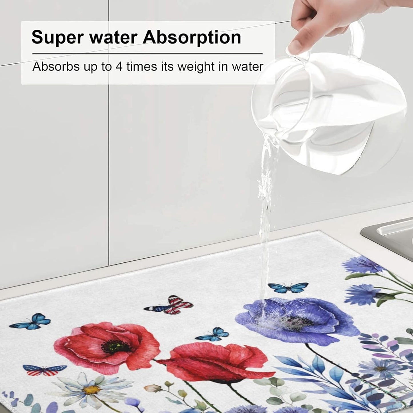 Independence Day Dish Drying Mat 18x24 For Kitchen Counter 4th Of July Blue Red Floral Kitchen Drying Mat Memorial Day Decorative patriotic Flower Drying Pad for Kitchen Decor,Dining Room