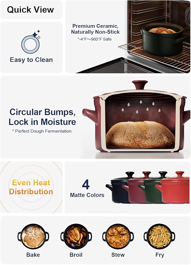 LE TAUCI 3 Quart Ceramic Dutch Oven - Lightweight, Non-Toxic, No Seasoning Needed- Oven, Microwave & Dishwasher Safe, Dutch Oven Pot with Lid for Sourdough, Soup & Stew, Chili Red