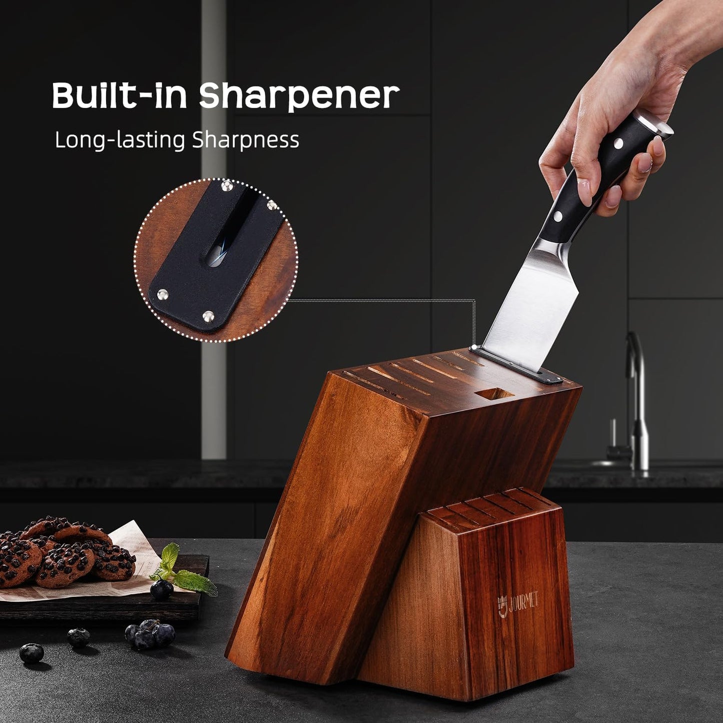 Knife Set, Jourmet 15-Piece Kitchen Knife Set with Block and Sharpener, High Carbon Stainless Steel Sharp Knives, Anti-slip Ergonomic Handle, Black Knife Block Set