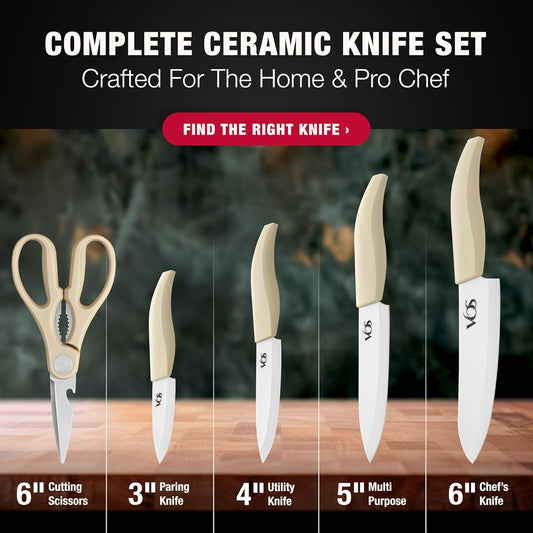 Vos Ceramic Knife Set in Elegant Gift Box, Ceramic Knives Set For Kitchen, Ultra Sharp Kitchen Knife Set & Covers, 3" 4" 5" 6" Paring, Santoku, utlity & Chef Knife, Scissors included (Off-White)