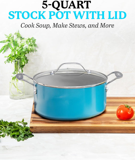 GOTHAM STEEL Nonstick Multipurpose 5 Quart Stock Pot with Glass Lid, Aqua Blue Ceramic Pot for Cooking, Non Stick Pots/Soup Pot with Lid, Nonstick Pot, Ollas, Oven and Dishwasher Safe, Non-Toxic