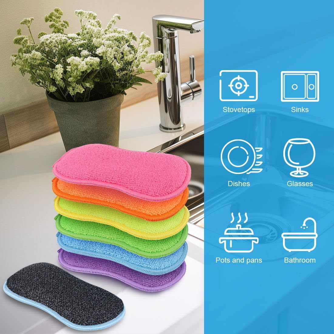 HOMEXCEL 6 Pack Multi-Purpose Scrub Sponges Kitchen, Dish Sponge, Non-Scratch Microfiber Sponge for Efficiently Cleaning Dishes, Pots, and Pans (Multicolor)