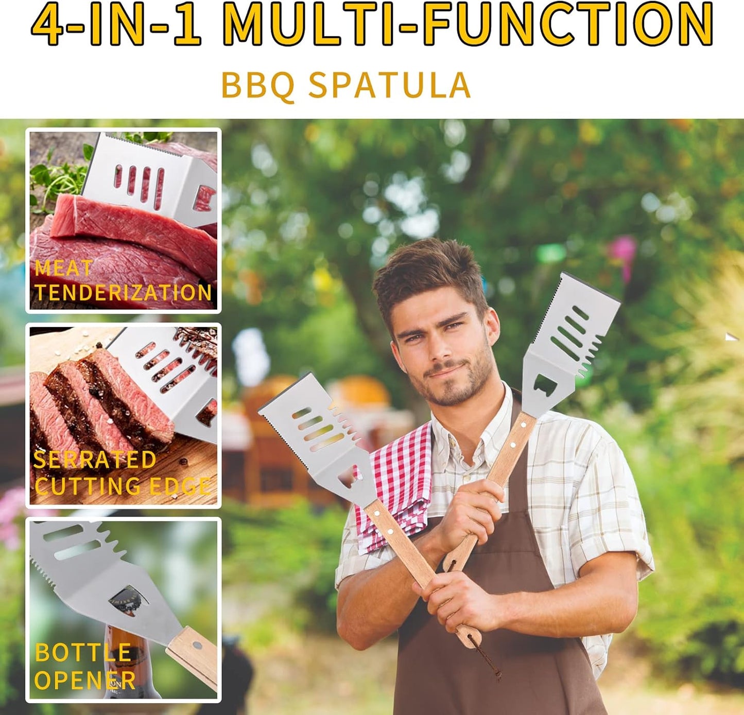 4-in-1 BBQ Spatula, Multifunction Grill Spatula with Wooden Handle, perfect for BBQ grills and kebabs for camping picnics