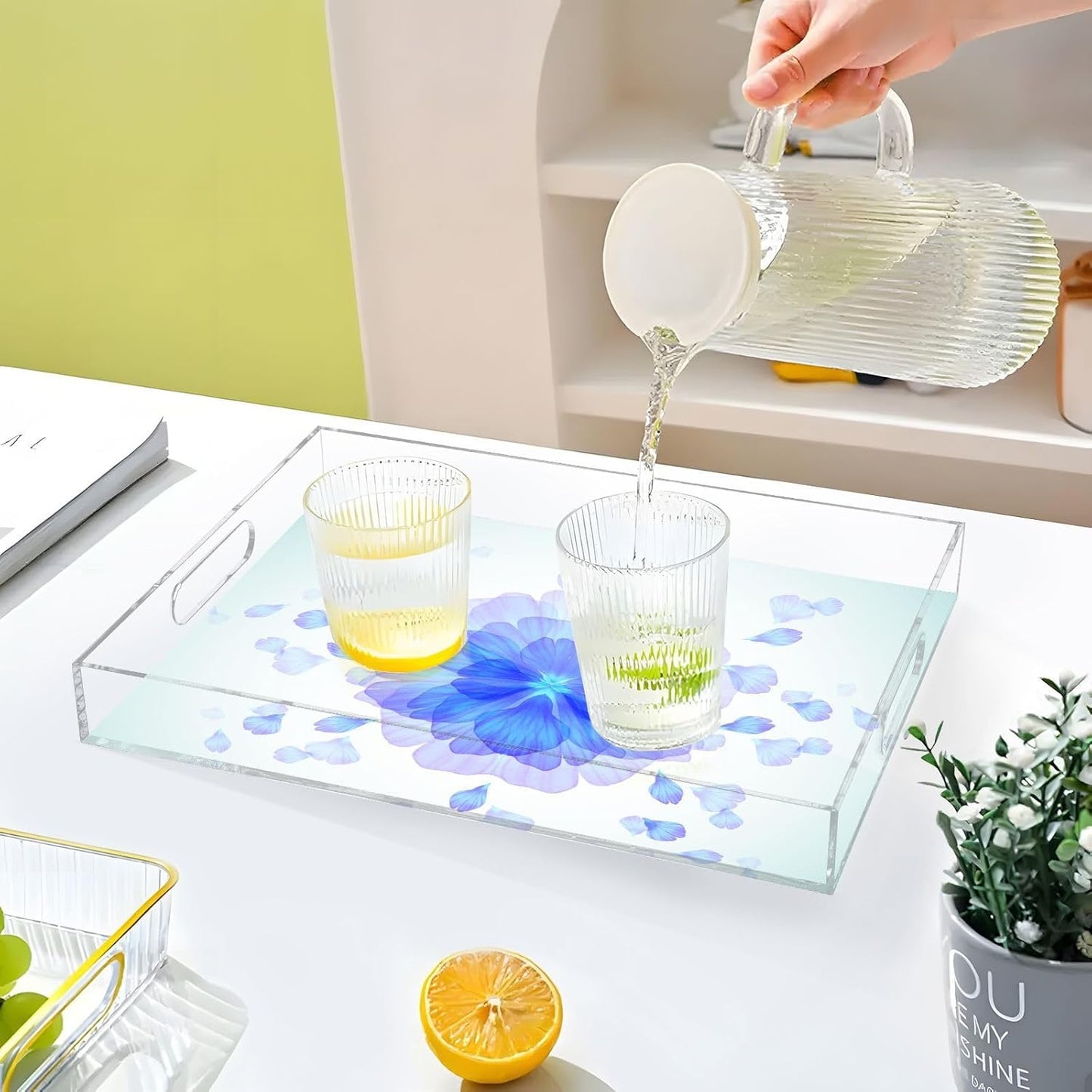 Acrylic Serving Tray with Handles Spill Proof Kitchen Storage Tray Clear Decorative Tray Makeup Drawer Organizer Storage Tray for Bathroom Living Room Ottoman 15.7x11.8Inches
