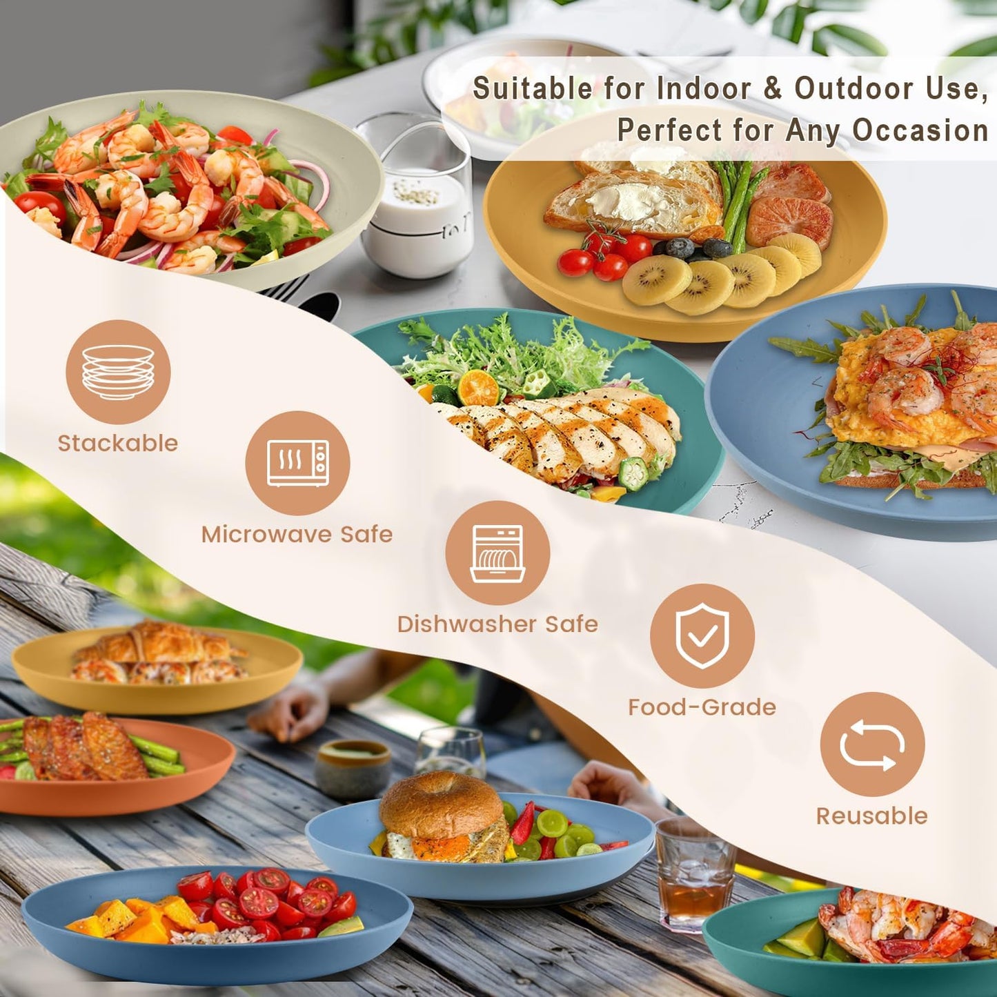 Homienly Deep Plate Set 6 PCS Reusable Dinner Plates Alternative for Plastic Plate Microwave and Dishwasher Safe Wheat Straw Plates for Kitchen Unbreakable 10 Inch Salad Plates for Outdoor (Multi)