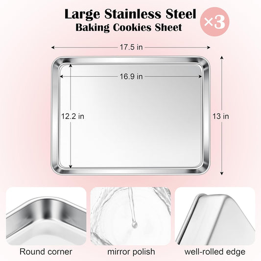 E-far Cookie Sheets Set of 3, 18”x13” Stainless Steel Baking Sheet Pans for Oven, Large Non Toxic Metal Baking Tray for Baking Roasting, Healthy & Rust Free, Mirror Finish & Dishwasher Safe