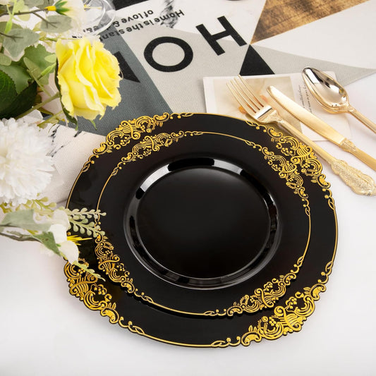 102PCS Black and Gold Plastic Plates - Black Disposable Plates - Heavyweight Disposable Plate with Gold Rim - Fancy Dinner & Dessert Plate for 51 Guests Weddings & Halloween Party