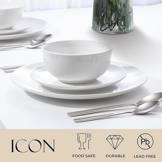 Zulay Kitchen Icon Porcelain Dinnerware Set, Service For 4 - Chip & Scratch Resistant White Plates And Bowls Sets - Microwave & Dishwasher Safe - White