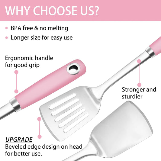 14.3-in Pink Spatula Set, 18/0 Stianless Steel Heavy Duty Turner & Slotted Spatula, Kitchen Cooking Utensils Set, High Heat Resistant, Grilling Frying Serving Food, Pack of 2