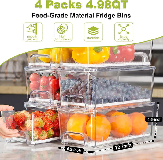 4-Pack Refrigerator Drawer Organizer Bins, Clear Stackable Pull Out Fridge Organizers and Storage Container, with Strainer Layer for Fruits, Vegetables, Drinks, Snack and Food