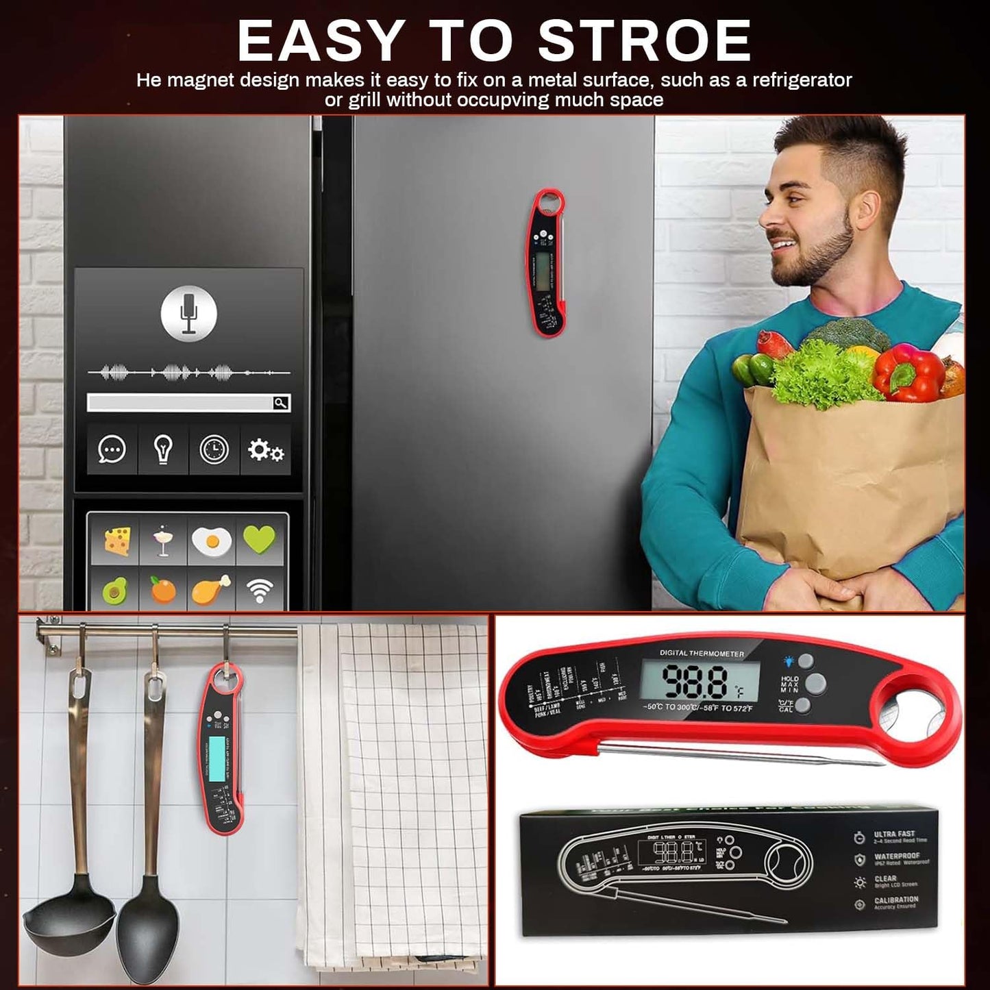 Meat Thermometer Digital for Grill Instant Read Meat Thermometer Waterproof Kitchen Gadgets Essentials Magnetic Probe Thermometer with Backlight and Display