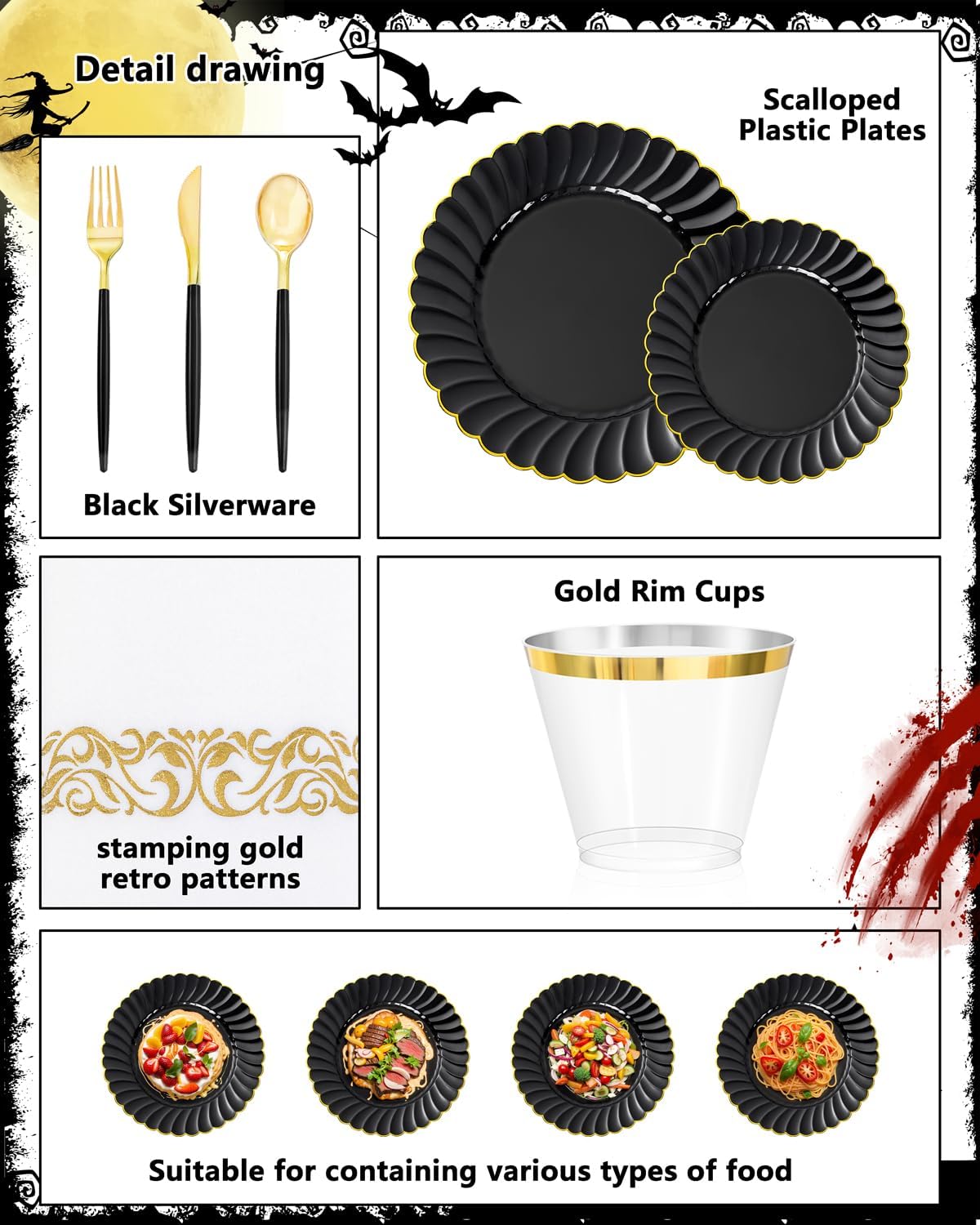 Ciaell 175 PCS Black Scalloped Plastic Plates with Gold Trim - Black Plastic Silverware with Handle - Fancy High-End Dinnerware Sets for Wedding & Showers & Party & Halloween (25 Guests)