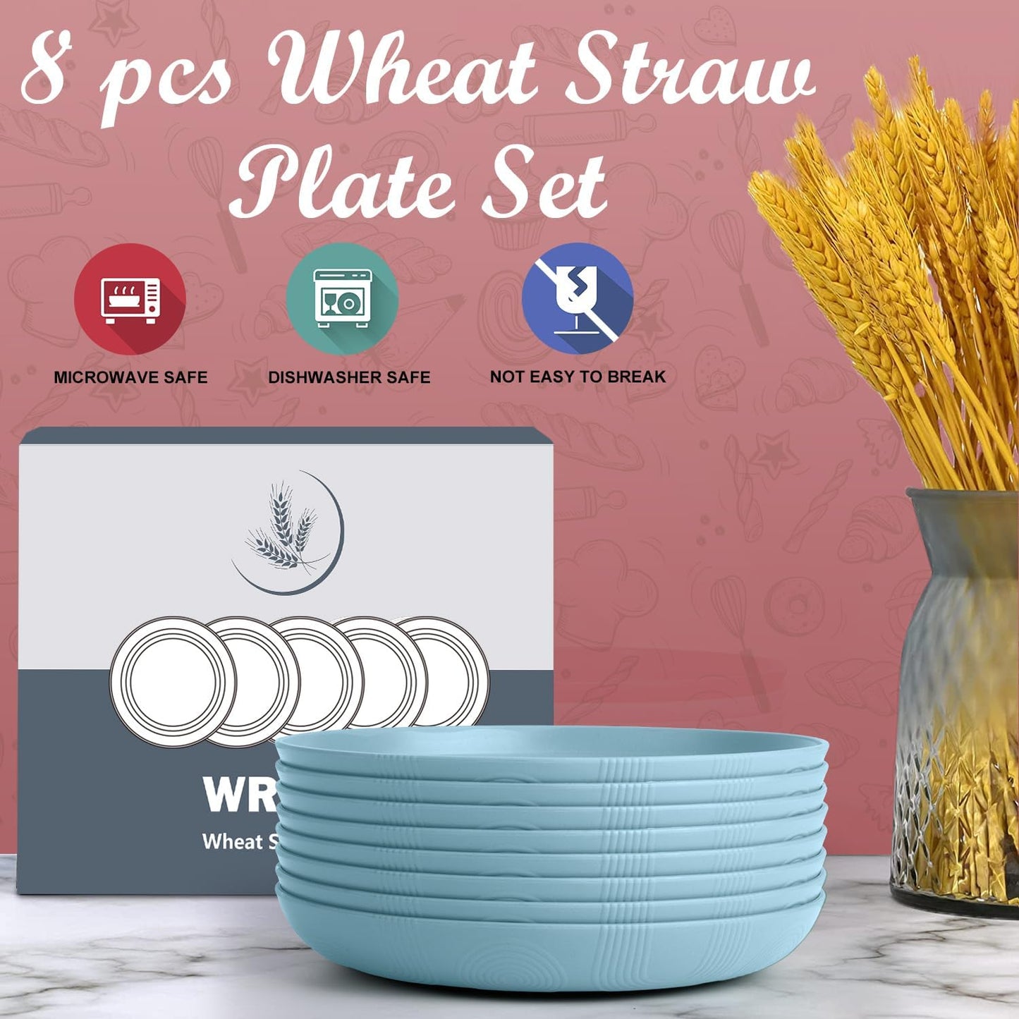 Wrova Wheat Straw Plates - 10 Inch Unbreakable Deep Dinner Plate Set of 8 - Dishwasher & Microwave Safe Plastic Plates Reusable - Lightweight Plate for Kitchen,Outdoor, RV. (Light Blue)