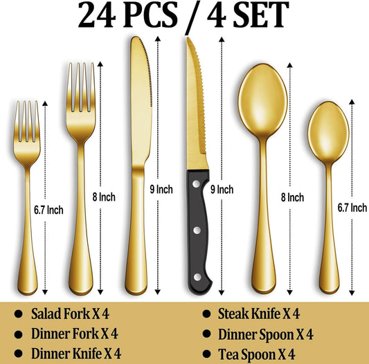 24 Pcs Gold Silverware Set with Steak Knives, Stainless Steel Flatware Cutlery Set Service for 4, Kitchen Tableware Set, Utensil Set for Home and Restaurant, Knives Forks Spoon Set, Dishwasher Safe