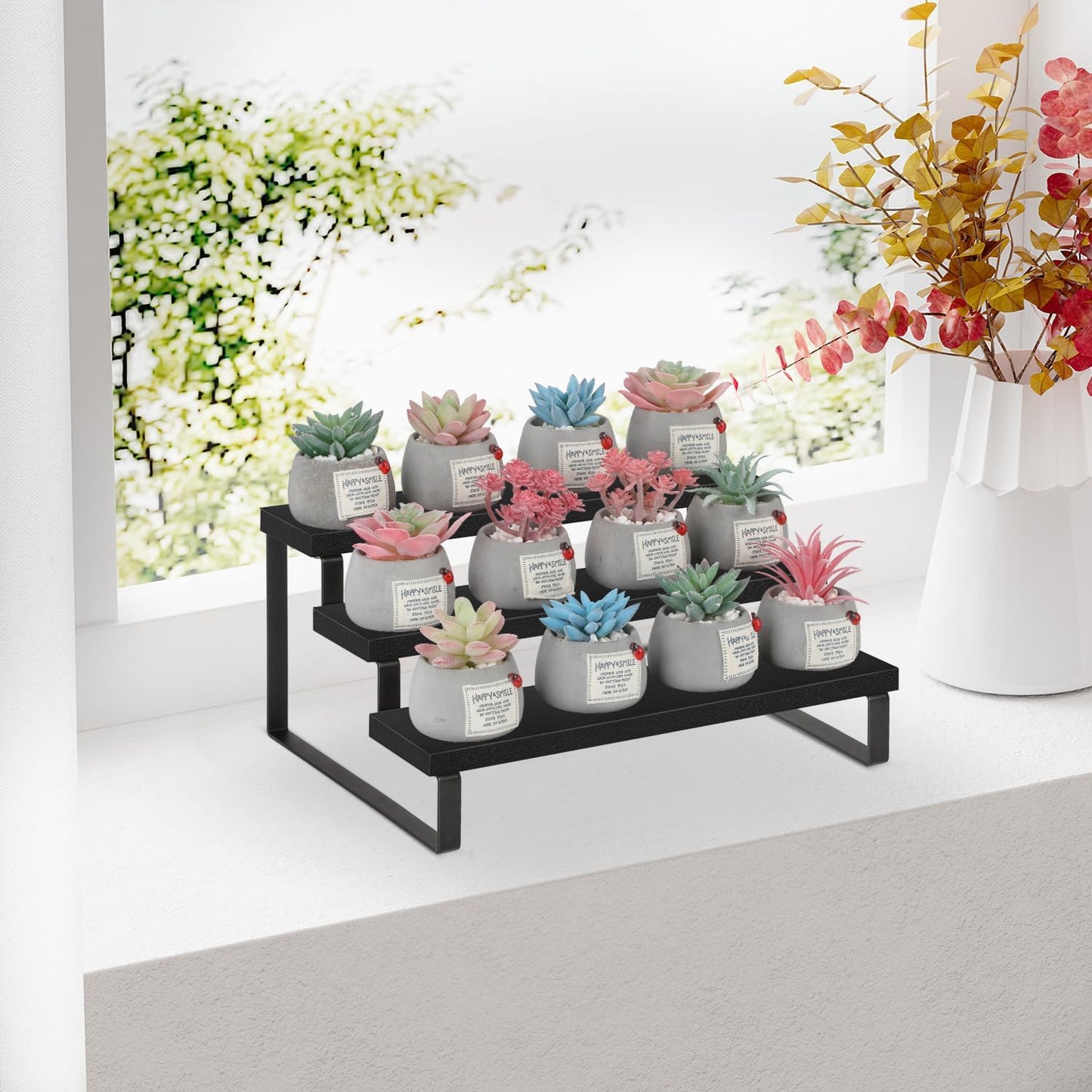 YINMIT Wooden Display Riser Stand, Tiered Perfume and Cologne Organizer Stand, 3 Tier Spice Rack Organizer, Rustic Display Shelf for Candles (3 Tier,Black)