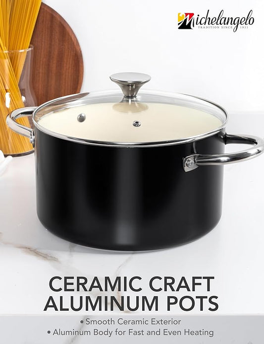 MICHELANGELO Ceramic Stock Pot with Lid, 6 Quart Pot with Nonstick Coating, Induction Cooking Pot for Induction and All Stovetops - 6QT, Black