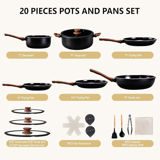 Bonnlo 20 PCS Non-Stick Cookware Set, Aluminum Pots and Pans Set, Induction RV Kitchen Cook Set, Microwave Safe, PFAS PFOA & PFOS Free, for Gift. Home, House Warming