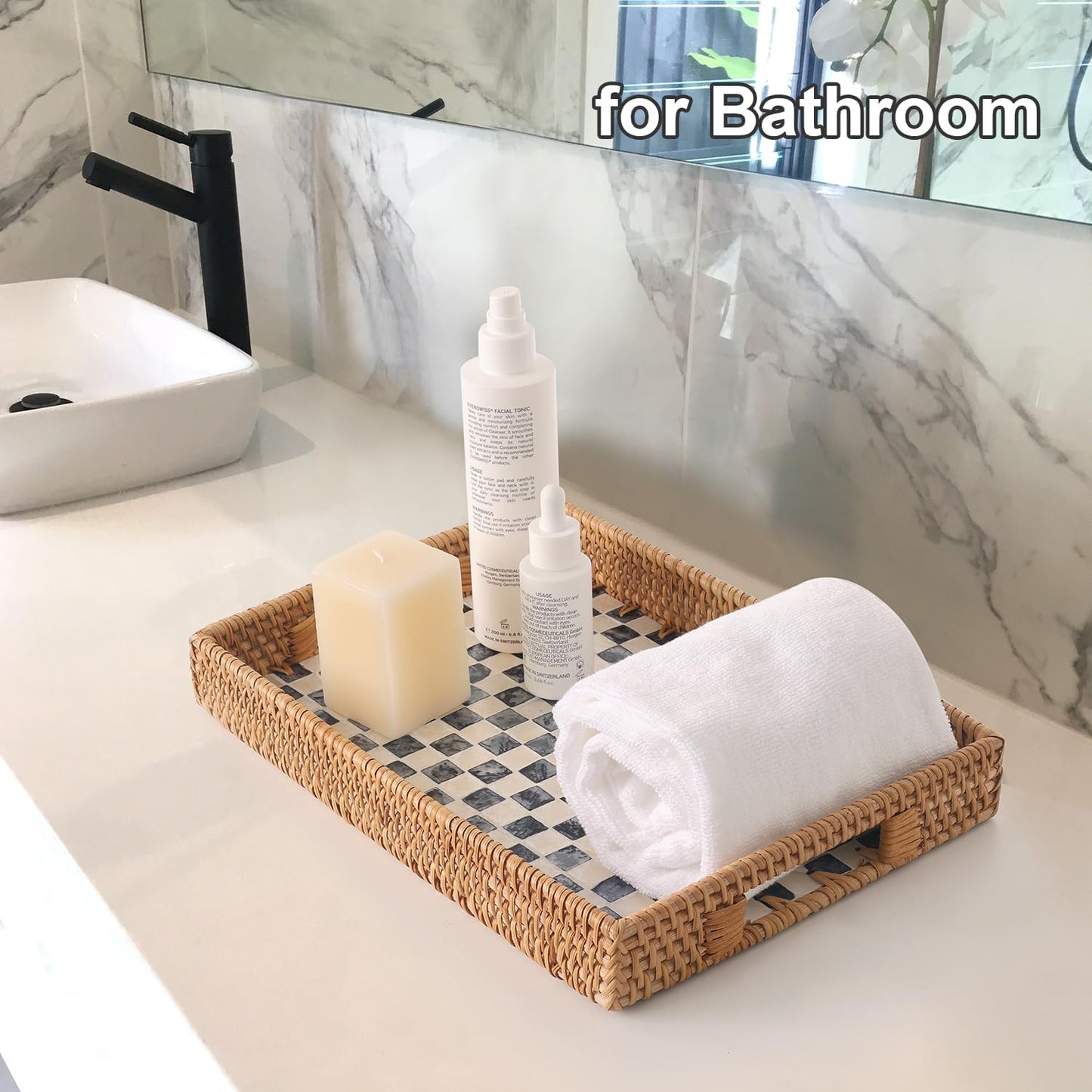 Rectangle Rattan Tray with Mother of Pearl Inlay, Rattan Serving Tray with Handle for Coffee, Bread, Fruits, Snacks, Decorative Wicker Tray for Table Decor (Black Checkerboard, 13"×9")