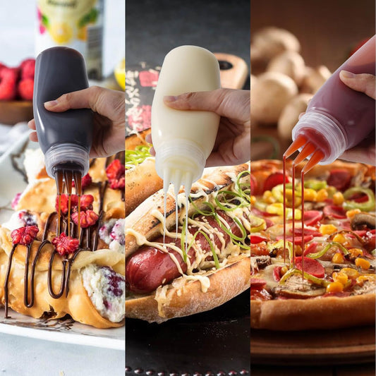 3 Hole Squeeze Bottles for Sauces Plastic Condiment Squeeze Bottles Ketchup Dispenser Salad Dressing Container Squirt Kitchen Squeeze Bottles for Oil BBQ Paint Pancake Art 3 Pcs 13oz/380ML