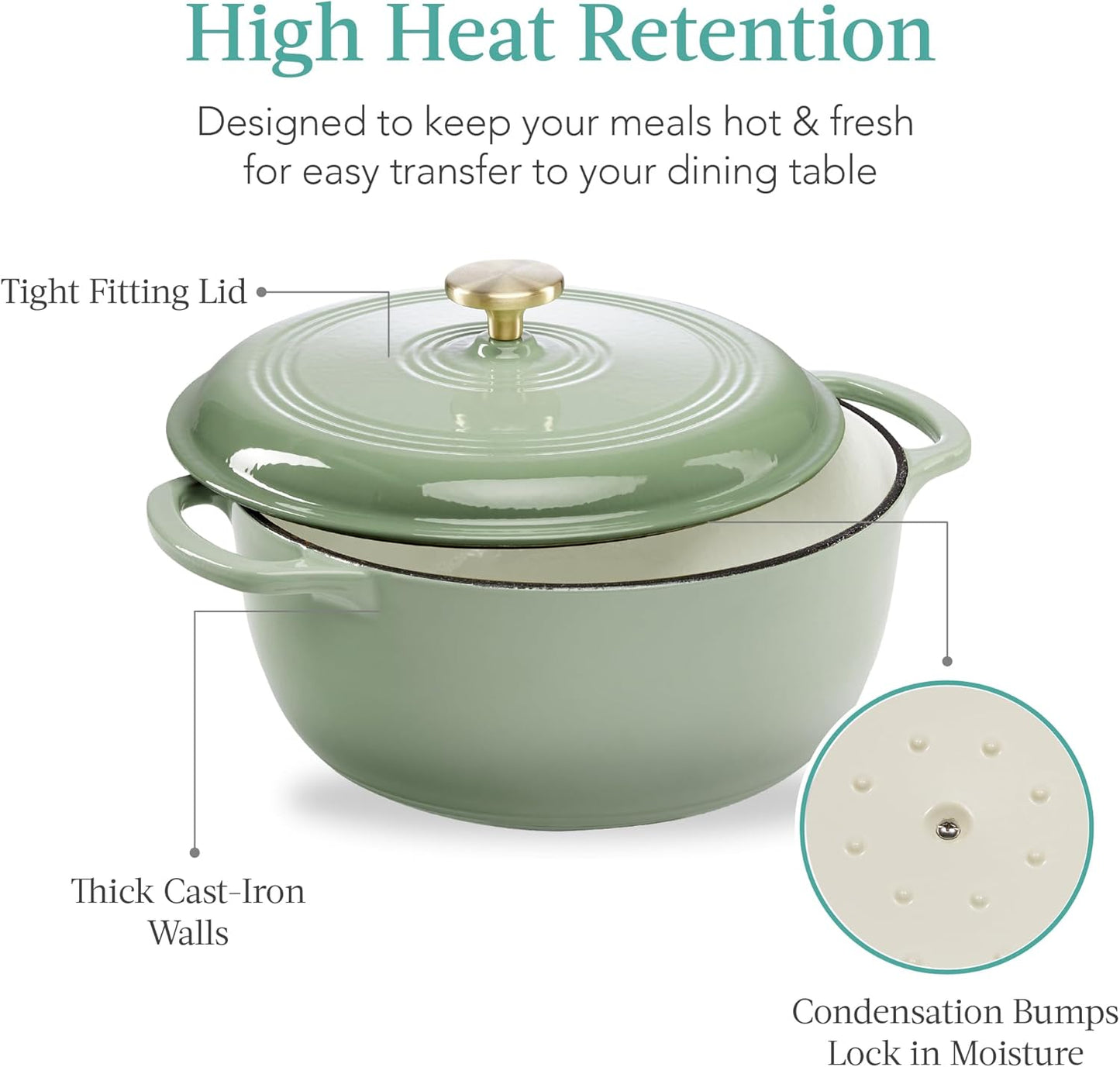 Best Choice Products 7.5 Quart Enamel Cast-Iron Round Dutch Oven, Family Style Heavy-Duty Pre-Seasoned Cookware for Home, Kitchen, Dining Room, Oven Safe w/Lid, Dual Handles - Sage Green