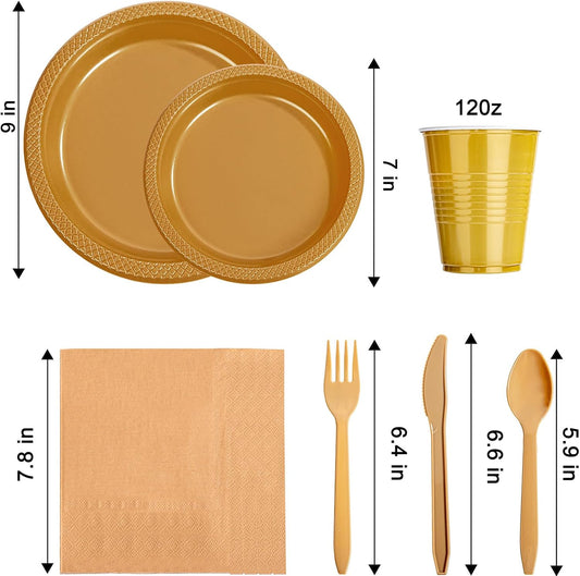 WELLIFE 210Pcs Gold Plastic Plates, Disposable Dinnerware Set,Party Supplies Including Gold plates, 12OZ Cups, Plastic Cutlery and Paper Napkins Serve 30 Guests