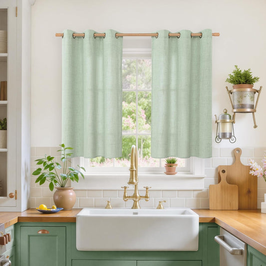 YoungsTex Sage Green Linen Curtains 45 Inches Length for Kitchen Window, Textured Semi Sheer Drapes with Bronze Grommet Light Filtering for Bathroom Cafe Bedroom, 42 x 45 Inch, 2 Panels