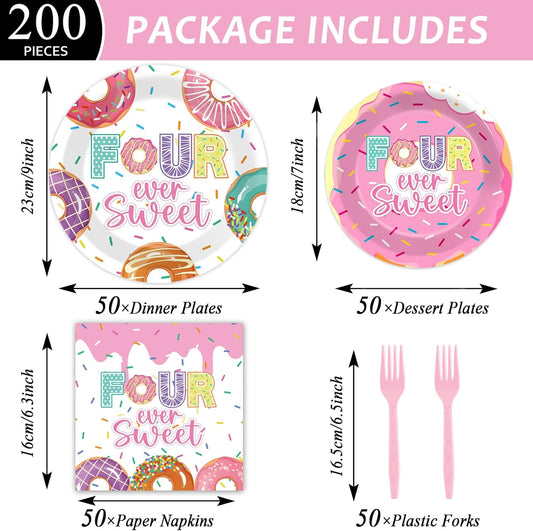 ZOIIWA 200 PCS 4th Birthday Donut Tableware Disposable Four Sweet Plates Napkins Party Supplies Donut Themed Dinnerware Set 4th Birthday Pink Party Baby Shower Decoration Serve 50 guest