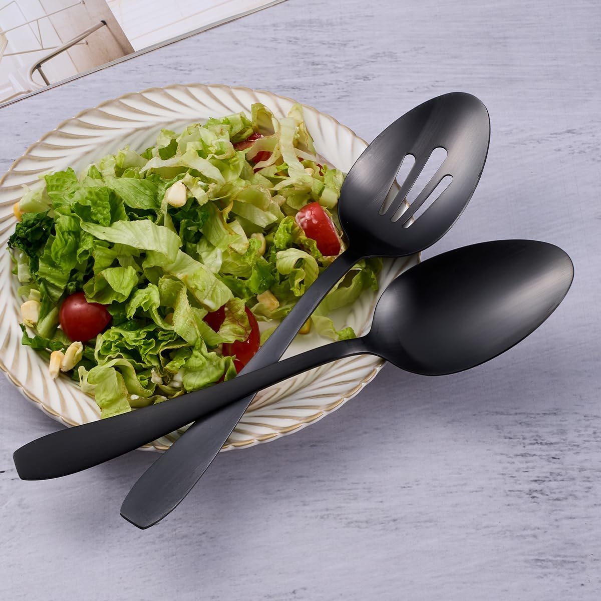 6 Pieces Large Serving Set - 3 Spoons & 3 Slotted Spoons - 10.6 Inch Matte Black Stainless Steel Utensils - Dishwasher Safe for Kitchen, Buffet, Party, Restaurant