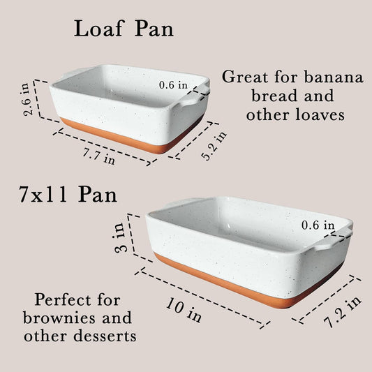 Mora 7x11in & Loaf Baking Dishes - Porcelain Casserole & Bakeware, Oven-to-Table, Freezer Safe - Set of 2, White