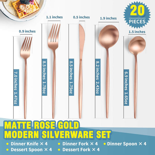 Lemeya Matte Rose Gold Silverware Set for 4,Modern Stainless Steel Brushed Cutlery Set,20-Pieces Heavy Duty Flatware Set,Knives Spoons and Forks Set Utensils Set, Satin Finish, Dishwasher Safe