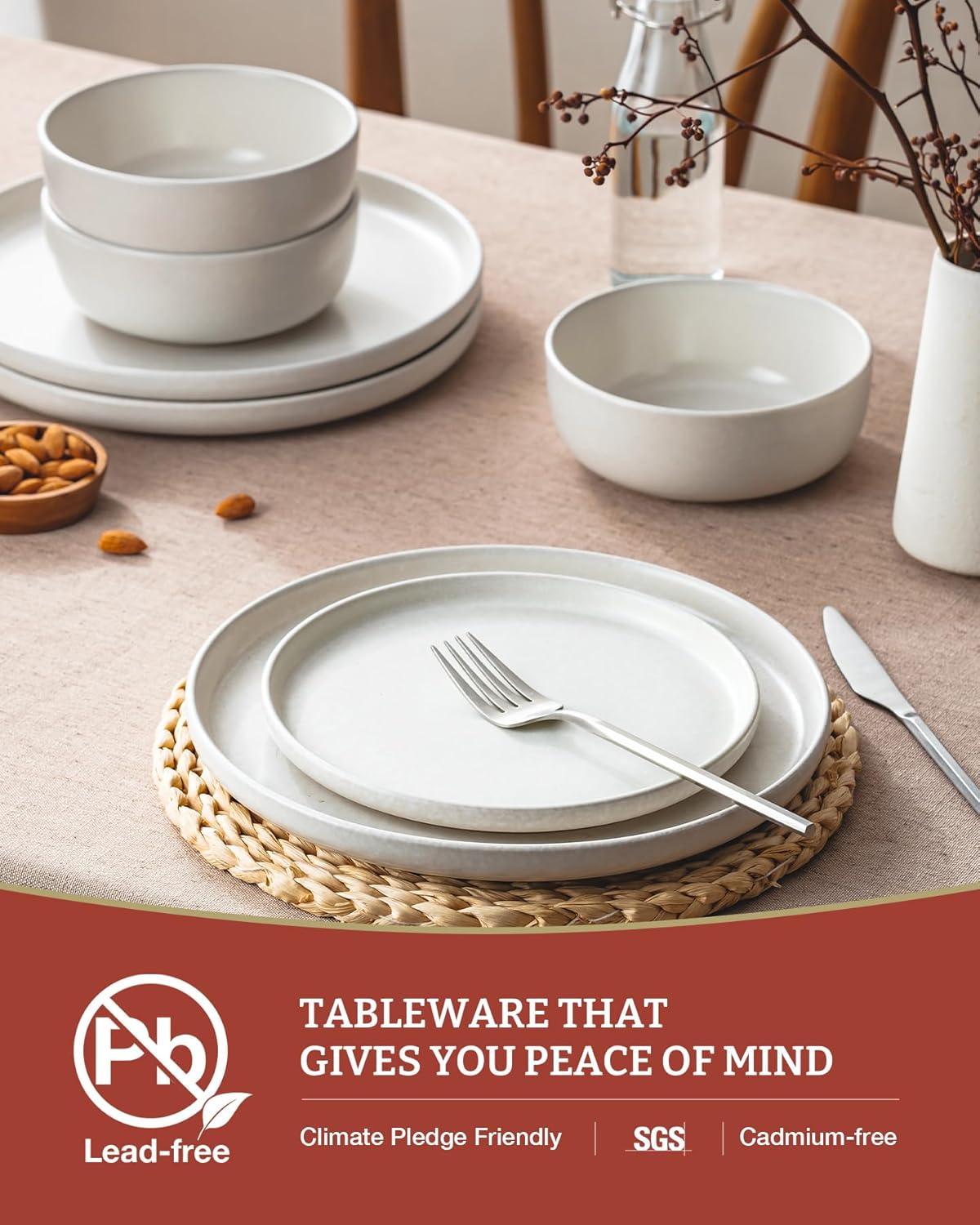 Famiware Milkyway Plates and Bowls Sets, 12 Pieces Dinnerware Sets, Reactive Glaze Dish Set, Stoneware Dishes Set for 4, Matte White