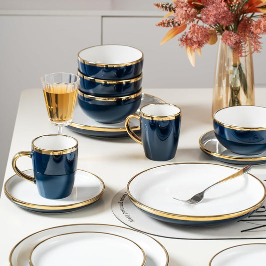 Blue Ceramic Dinnerware Sets for 4, 16-Piece Luxury Plates and Bowls Sets with Gold Rim, Modern Dish Set for Wedding Christmas Anniversary, Crack Resistant | Dishwasher & Freezer Safe