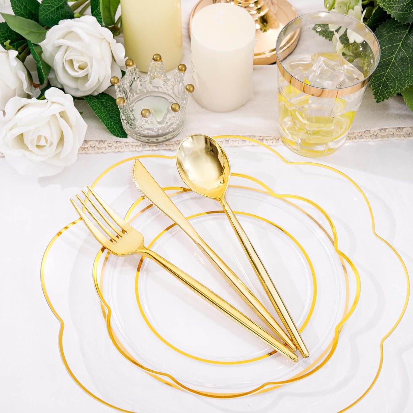 EI 180pcs Clear Plastic Plates with Gold Plastic Silverware, Plate for Party,Clear Dinnerware Set,Heavy Duty Plate for Wedding,Biethday