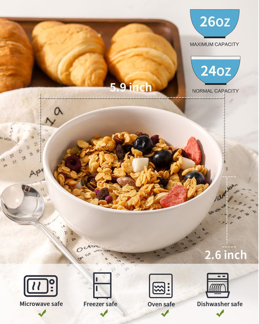 Cereal Bowls Set of 4, 24 oz Bowls for Kitchen, Ceramic Bowls for Salad, Fruit, Breakfast, Dessert, Stoneware Soup Bowls, Dishwasher & Microwave Safe, Matte White