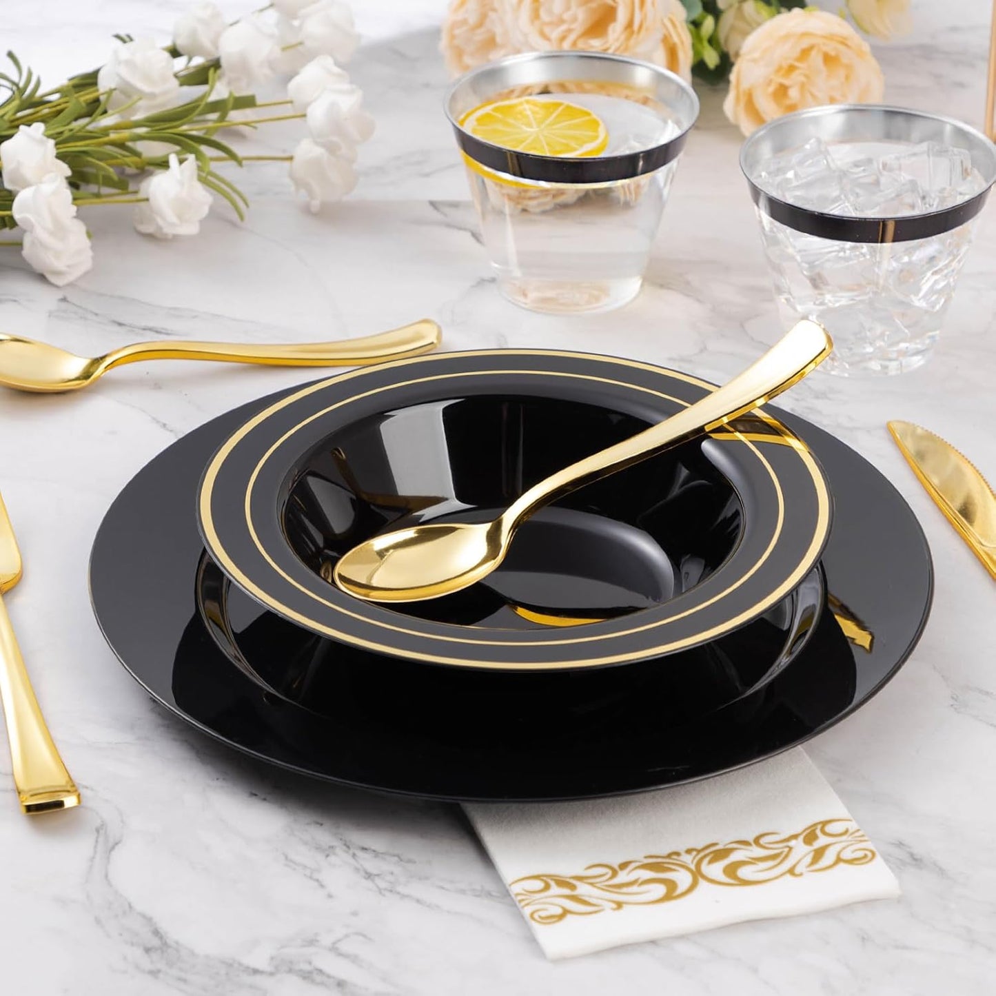 Goodluck 50 Pack Black Plastic Bowls with Gold Rim, 12oz Disposable Soup Bowls, Heavy Duty Dessert Bowls for Weddings, Parties, Dinners, Catering, and New Year