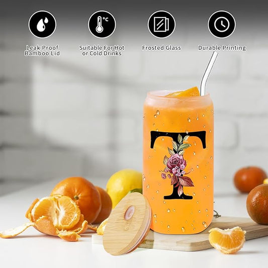 Monogrammed Glass Drinking Cup With Lid Straw Women Men Gift Christian Choir Teacher Godmother Godfather Religious Spiritual Inspirational Catholic Baptism Ordination Pastor Wife Ordained Minister,T