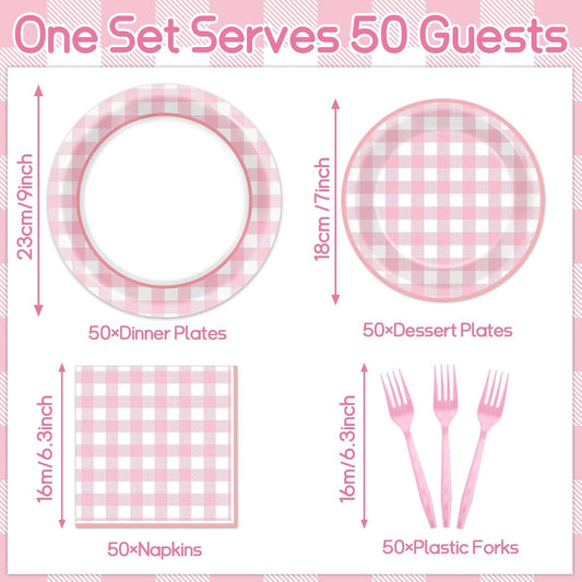 ZOIIWA 200 PCS Pink Gingham Tableware Disposable Pink And White Checkered Party Supplies Dinnerware Set Plaid Plates Outdoor Supplies Girls Barbecue Picnic Birthday Party Decoration Serve 50 guest