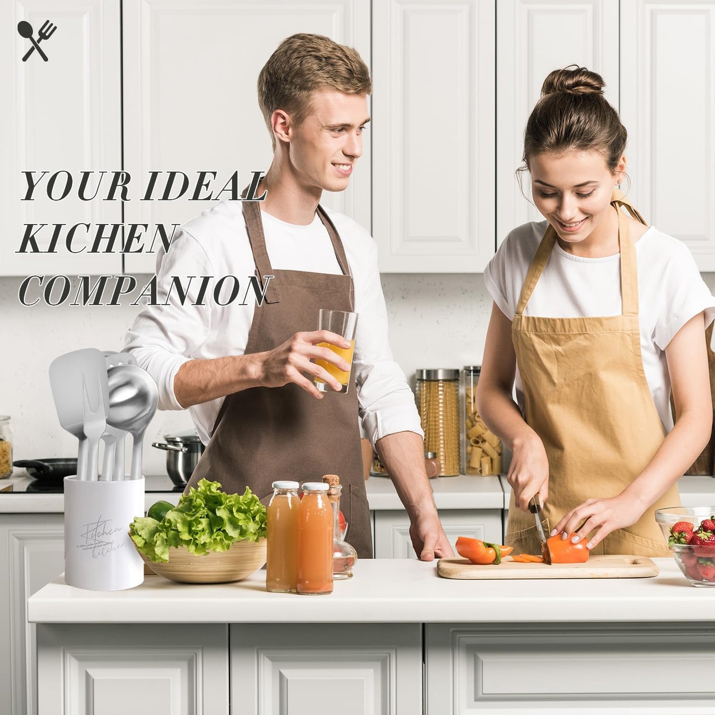 Cooking Utensils Set, Stainless Steel Kitchen Utensils Set, Durable Kitchen Gadgets- 5 PCS -Ladle, Skimmer, Slotted Turner, Solid Turner, Meat Fork