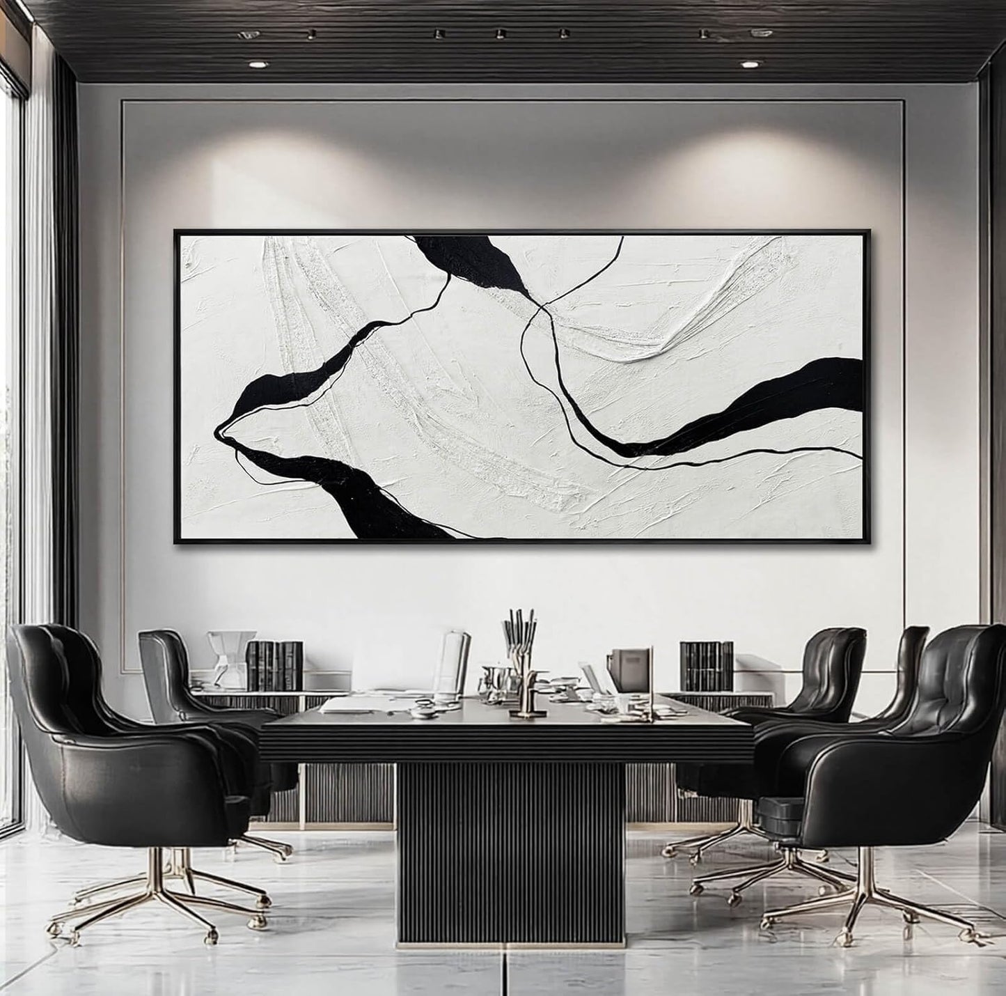 MLART99 Abstract Black and White Textured Canvas Minimalist Wall Art Modern Monochrome Painting - 32x70 Inch Contemporary Decor for Living Room Entryway