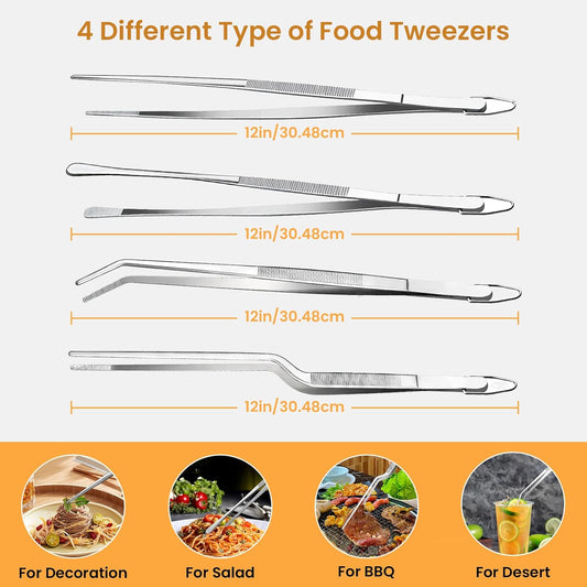 GEEKHOM 4 Pcs 12" Stainless Steel Tweezer Tongs, Silver Multi-Purpose Kitchen Tool Set for Professional Chefs, Home Cooks & Food Enthusiasts