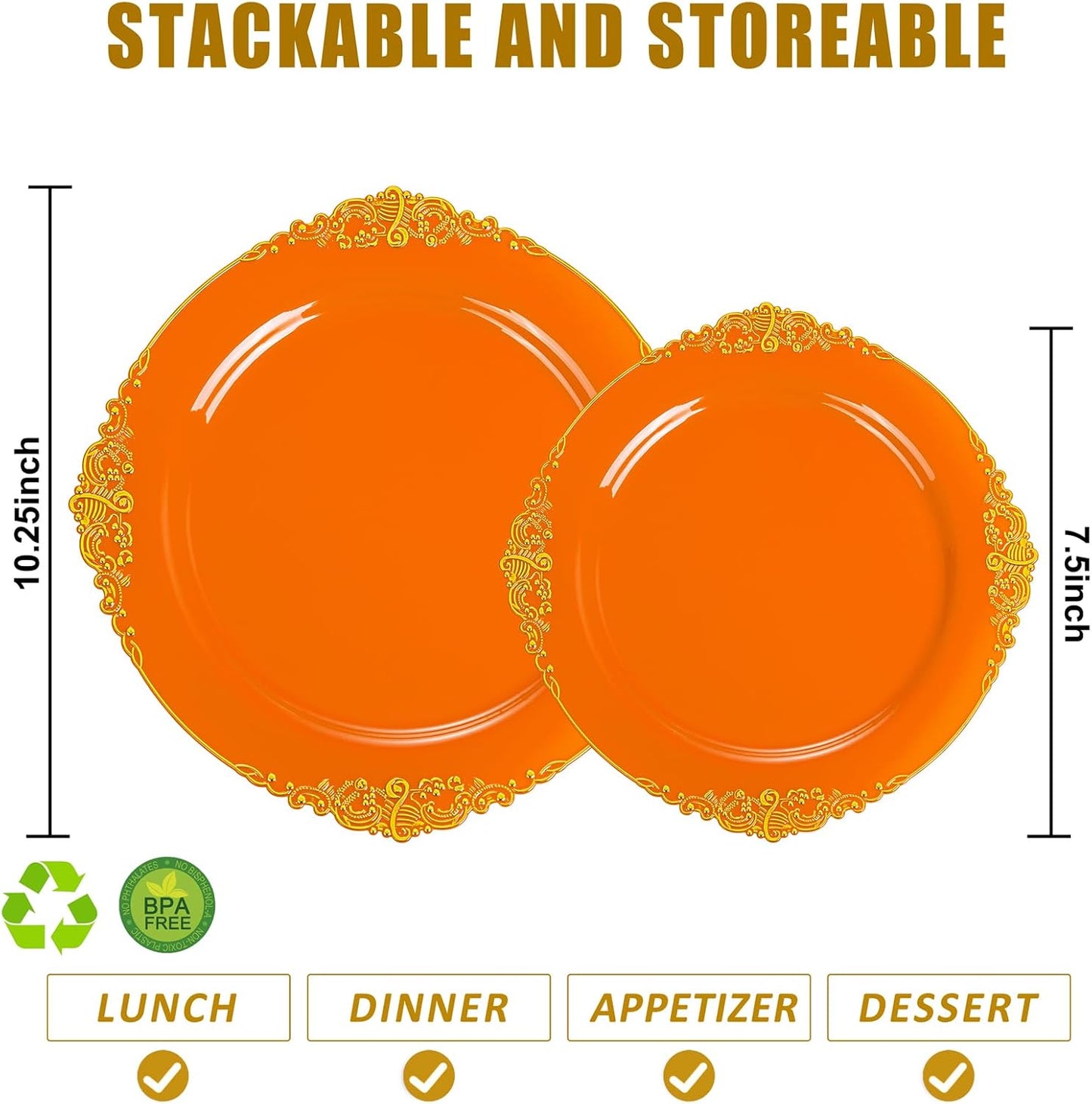 102PCS Orange Plastic Plates - Orange and Gold Disposable Plates - Party Plate with Gold Rim - Vintage Disposable Plate Serving for 51Guests for Thanksgiving & Halloween Party