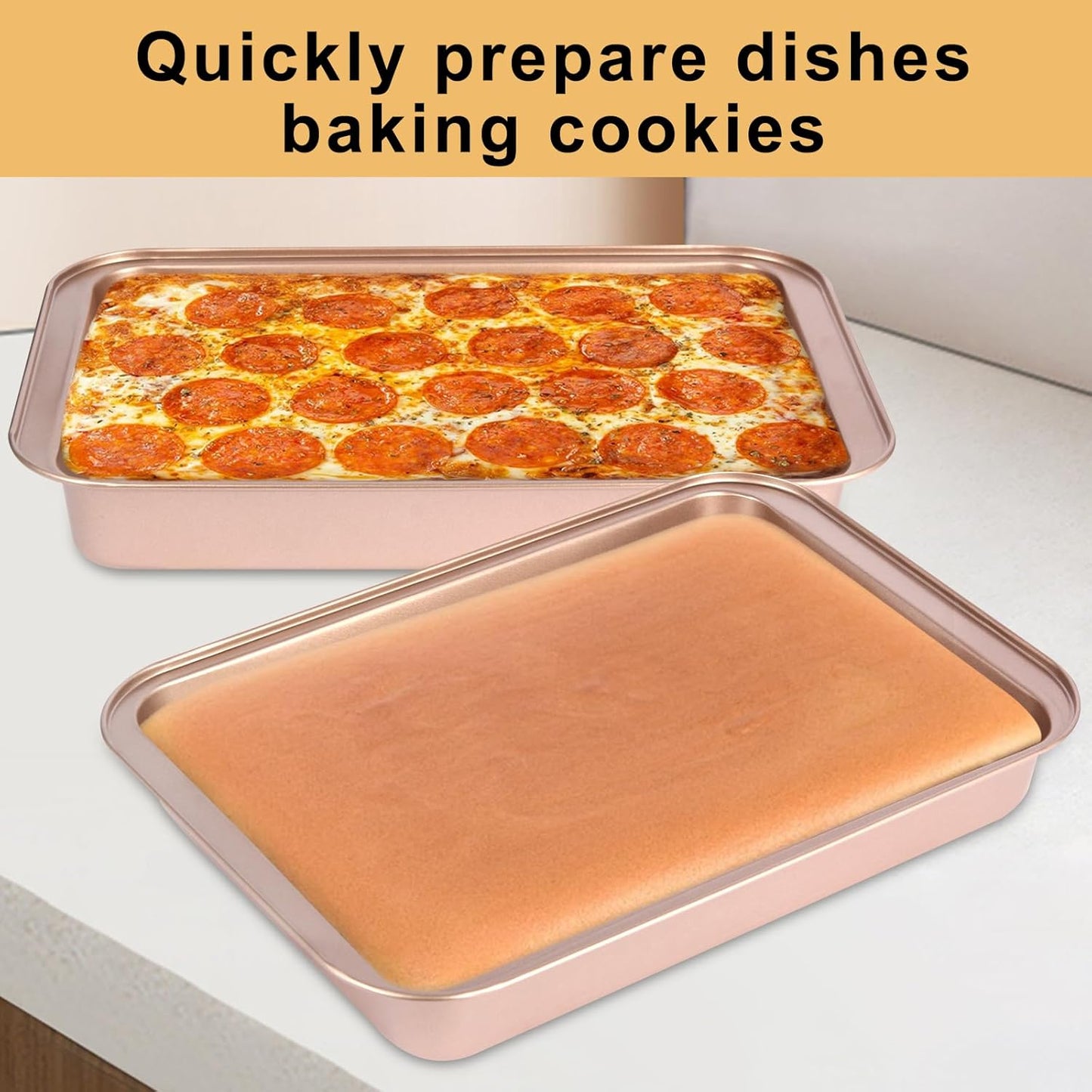 9x13 Baking Pan, Rectangle Cake Pan Nonstick, Bakeware Baking Pans for Oven, Easy Clean, Carbon Steel Cake Pan for Lasagna Brownies Casseroles Cakes Pan, Rose Gold