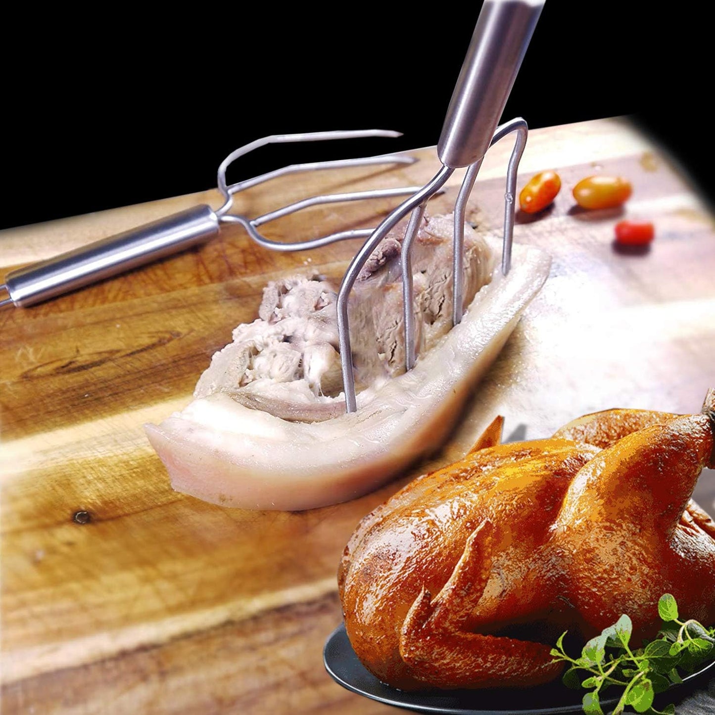 Stainless Steel Turkey Baster and Poultry Lifters fork Set of 2. Food grade stainless steel and BPA-Free Silicone. Dishwasher-Safe