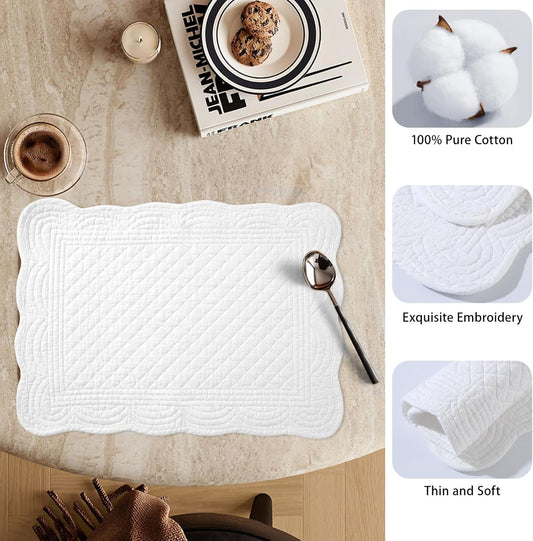 6 PC Quilted Placemats, 18"X13"Extra Large Cotton Placemats Set of 6, 100% Cotton Fabric Washable Cloth Table Mats for Kitchen & Dining Table - Soft &Easy Clean(Cream White, Rectangular)
