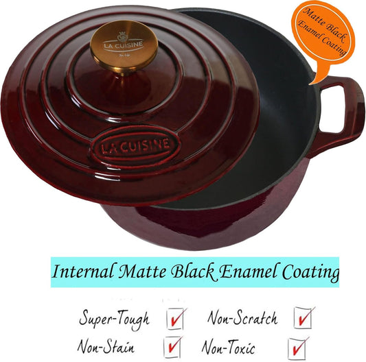 La Cuisine Enameled Cast Iron Dutch Oven Casserole Pot with Lid 6.5 QT 11" /28cm Dia. Internal Matte Black Enamel Coating Gold-Plated SS Lid Handle Oven Safe up to 500° F for bread baking, Cranberry