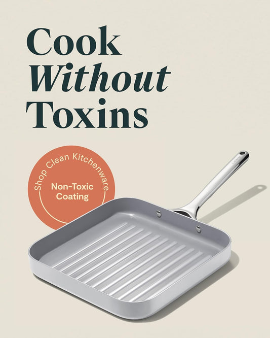 Caraway Square Grill Pan - 11” Grill Pan - Non-Stick Ceramic Coated - Non Toxic, PTFE & PFOA Free - Oven Safe & Compatible with All Stovetops - Gray