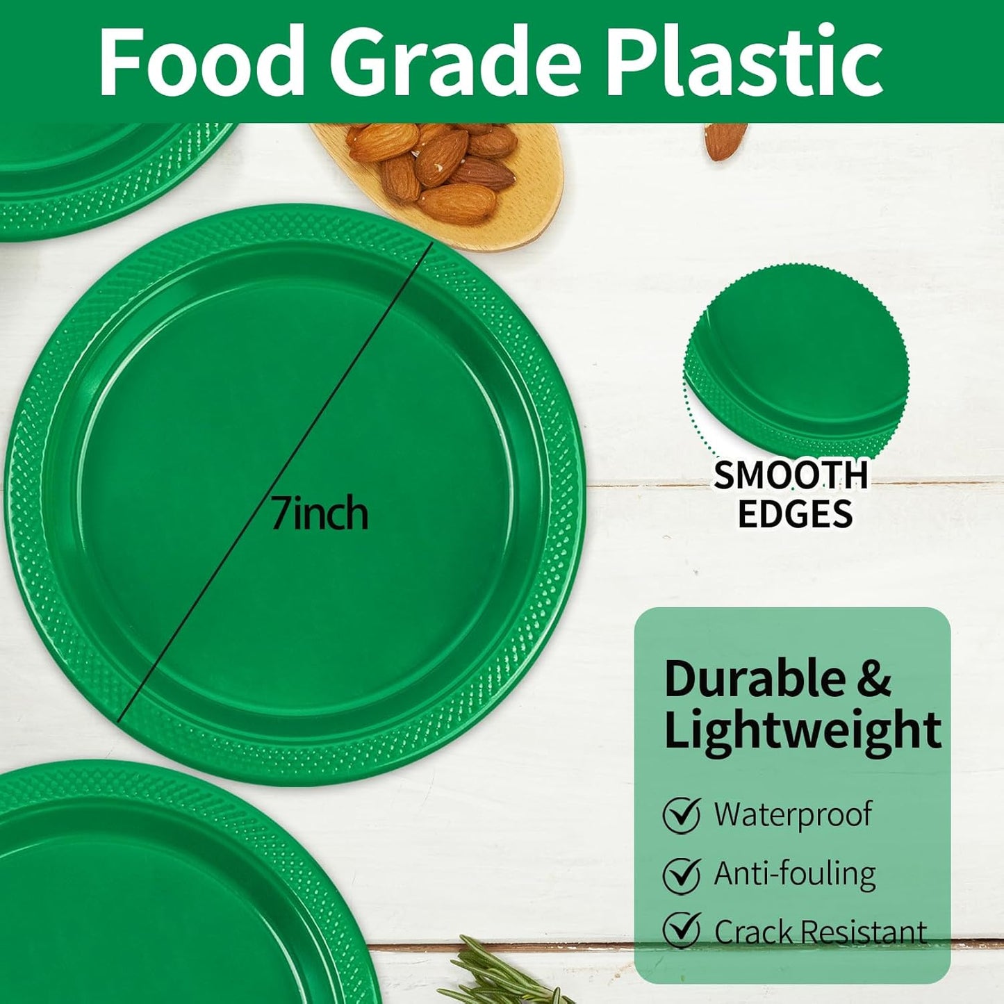 100 pcs Green Plastic Plates Disposable 7inch Plastic Plates 100 pcs Party Dessert Dinner Plates Heavy Duty for Autumn Party,Christmas,Thanksgiving day,Wedding, Valentines,Wedding, Valentines